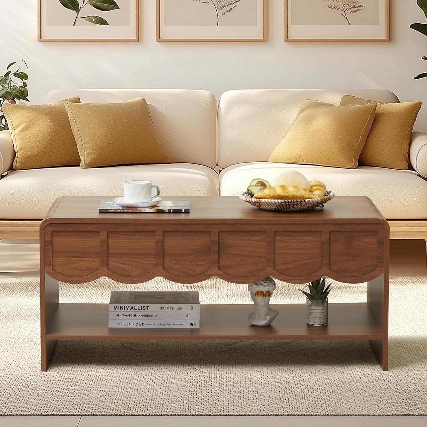 Lift Top Coffee Table with Hidden Compartment, 2 Tier Wooden Center Table with Wave Panel, Modern Lift Tabletop for Home Living Room Office, Walnut