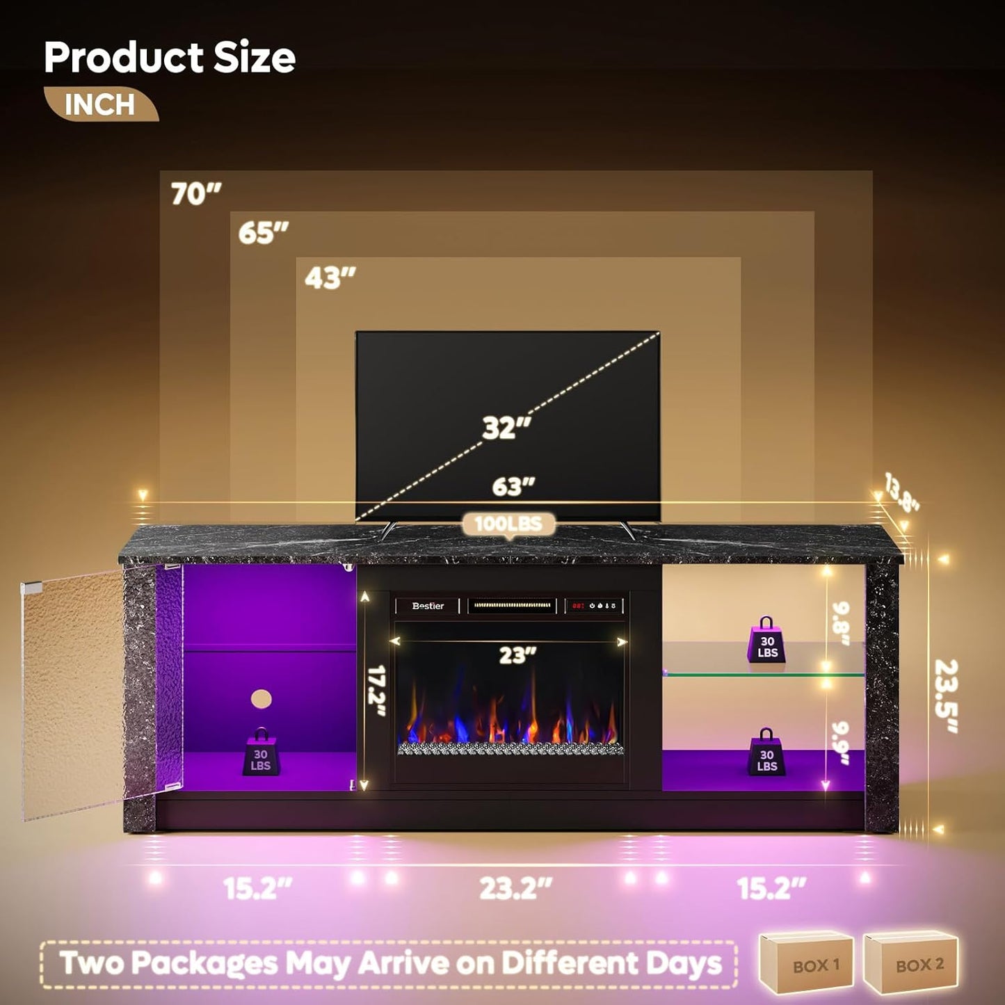 63" Modern Fireplace TV Stand for Tvs up to 70", Electric Entertainment Center with Adjustable LED Storage Cabinets, Textured Door, Farmhouse Media Console for Living Room, Black Marble