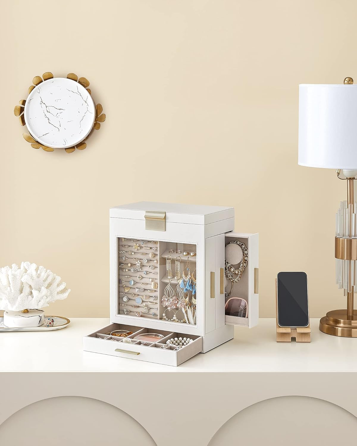 Jewelry Box with Glass Window, 5-Layer Jewelry Organizer with 3 Side Drawers, Jewelry Storage, with Big Mirror, Modern, 6.1 X 10.3 X 12.6 Inches, Cloud White and Metallic Gold UJBC162W01