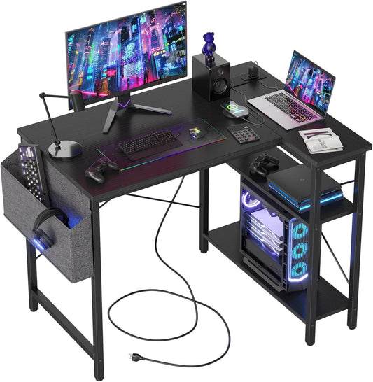 Small L Shaped Computer Gaming Corner Desk with Power Outlets, Reversible Shelves for Study, Writing Table for Home, Office, Bedroom, Living Room, 40 Inches, Black