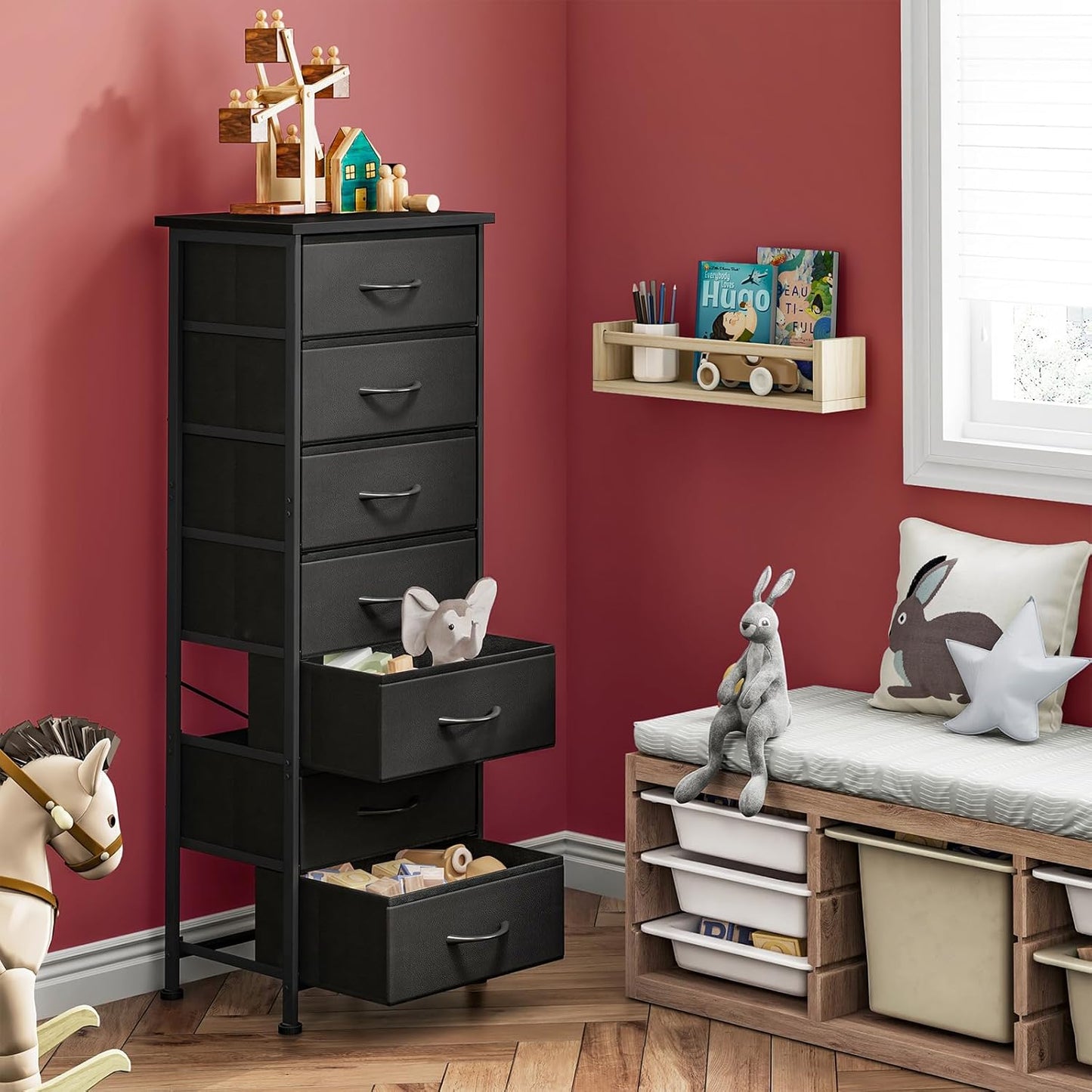 Black Tall Dresser for Bedroom, Storage Dresser Organizer with 7 Fabric Drawers, Nightstand Furniture in Closet, Entryway, Hallway