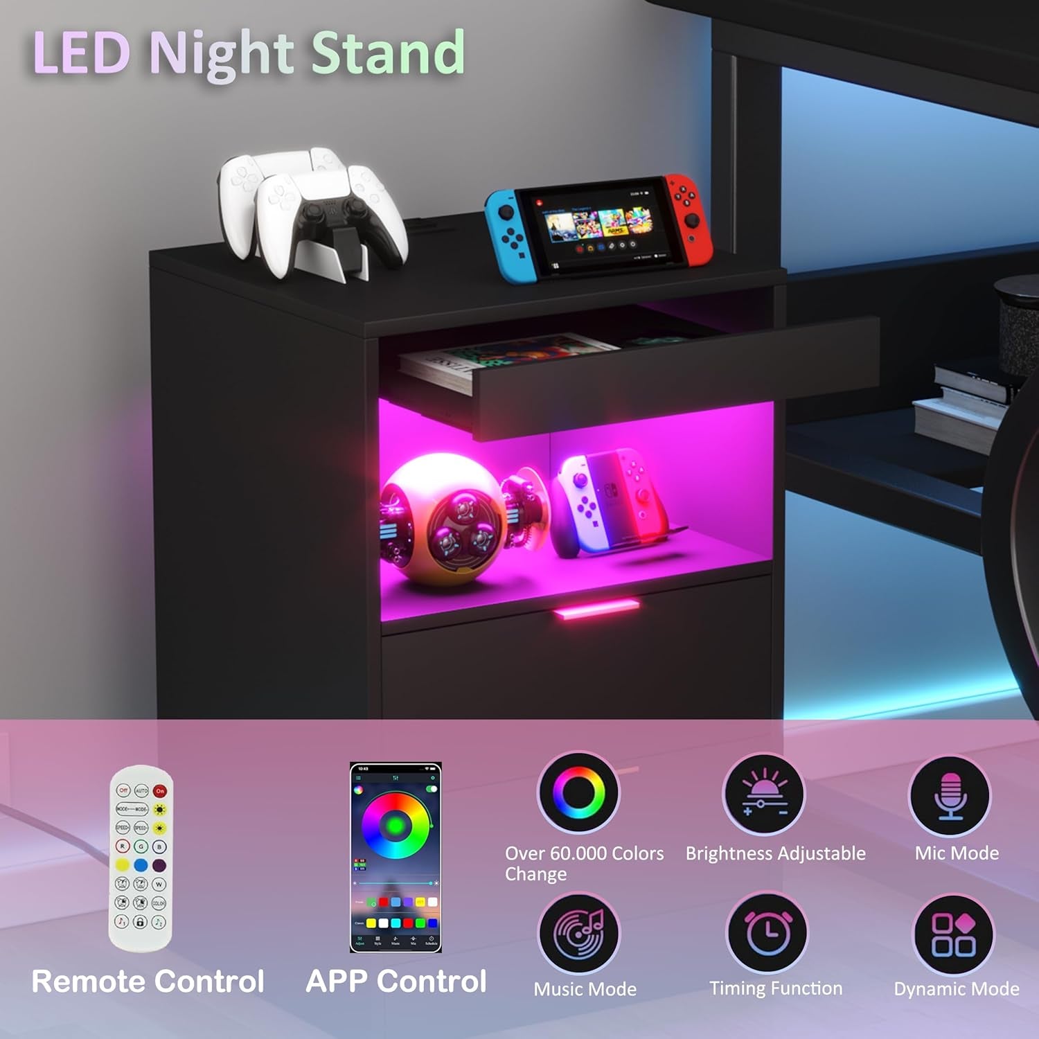 Night Stand, Bedside Table, LED Nightstand with Charging Station, Modern Night Stand, Wood Sofa Couch End Side Table with 2 Pull-Out Shelf (Black)