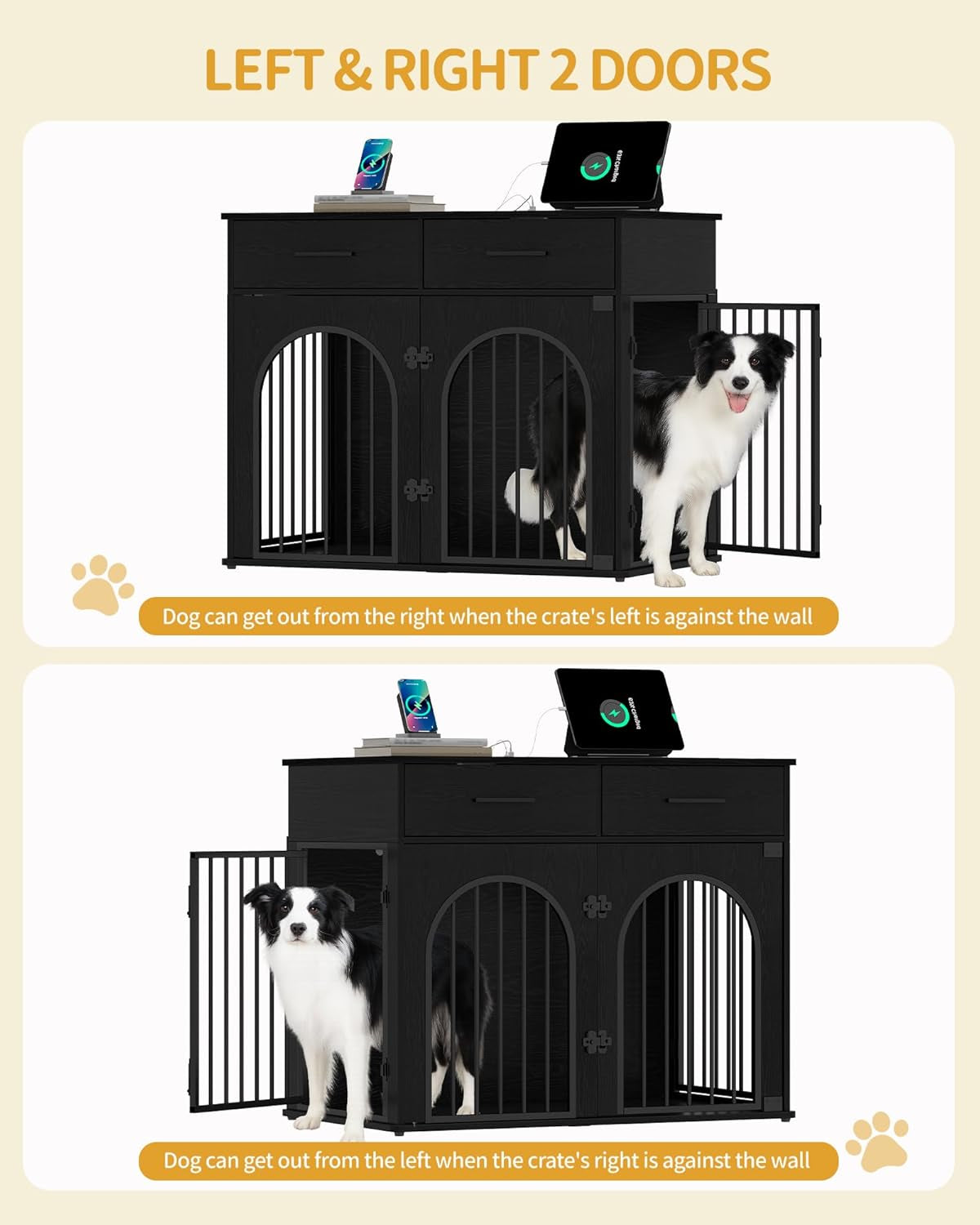 39.4'' Large Dog Crate Furniture with 2 Storage Drawers, Heavy Duty Dog Kennel Indoor with Charging Station, Wooden Dog Cage End Table Kennel for Medium/Large Dogs, White Brown DFC84214B