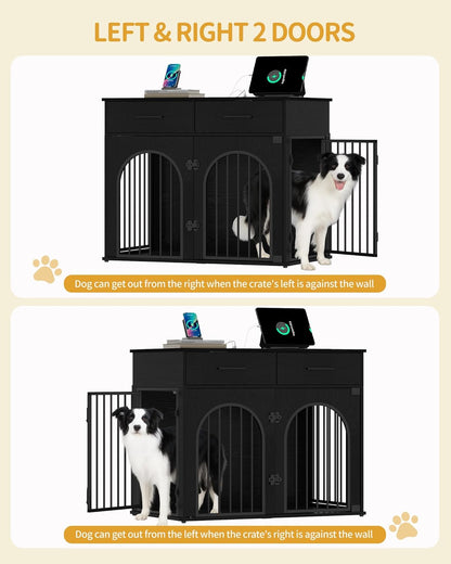 39.4'' Large Dog Crate Furniture with 2 Storage Drawers, Heavy Duty Dog Kennel Indoor with Charging Station, Wooden Dog Cage End Table Kennel for Medium/Large Dogs, White Brown DFC84214B