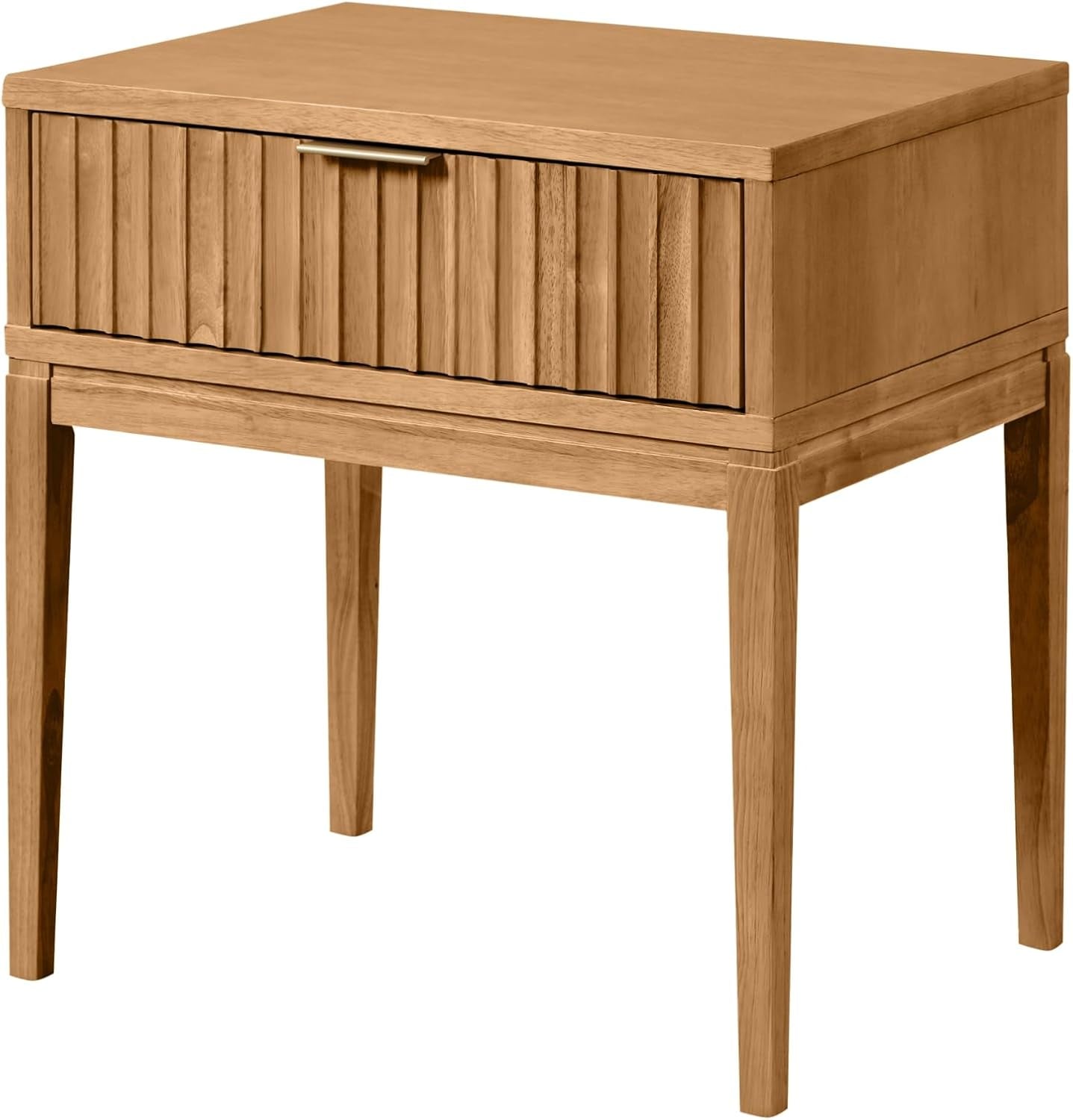 Jasper Mid-Century Modern Nightstand, Side Table with Storage and Fluted Drawer Doors with Brass Handles, Natural Brown, Set of 2