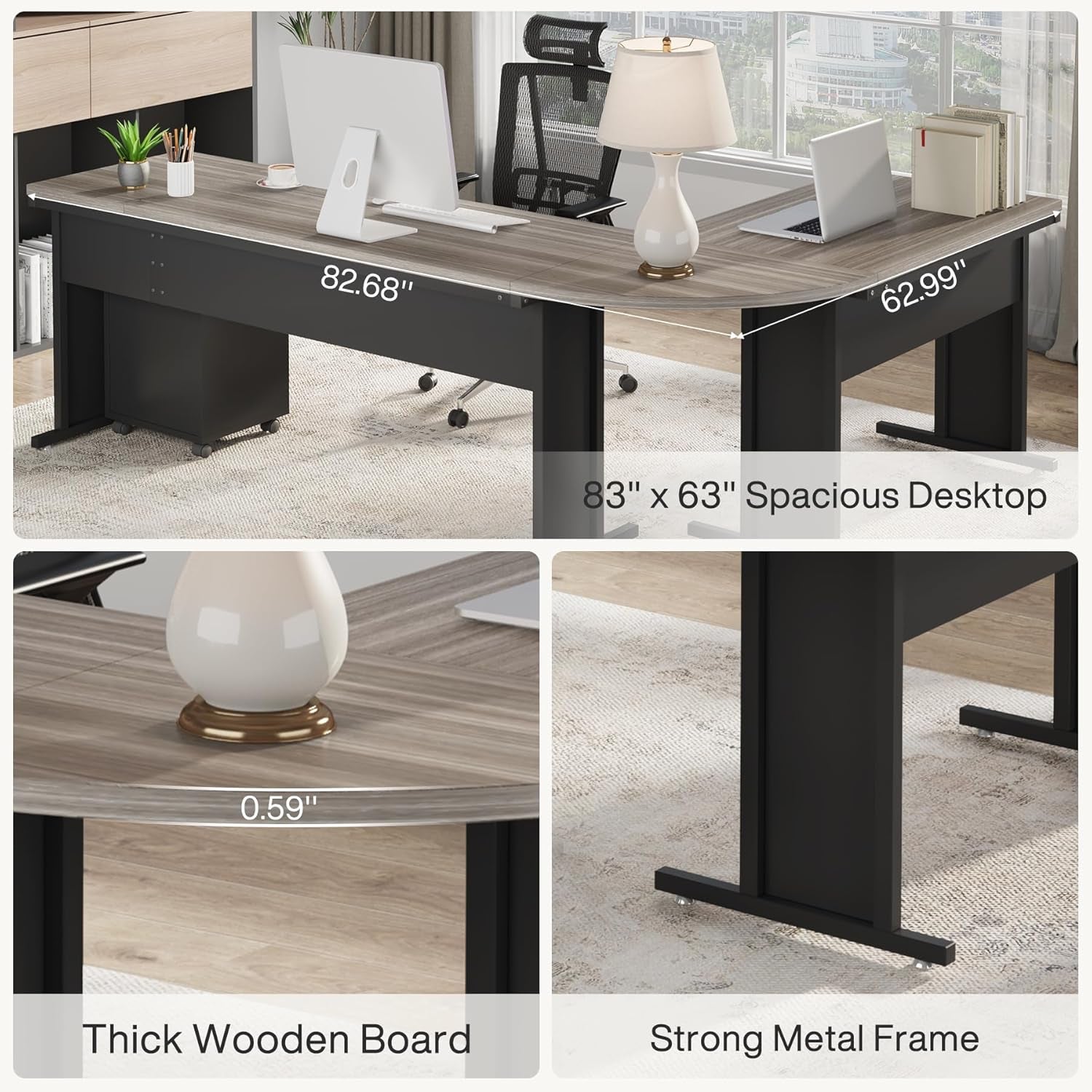83-Inch Large L Shaped Desk, Reversible Executive Office Desk, Modern Corner Computer Table Business Workstation for Home Office (Grey)