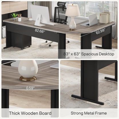 83-Inch Large L Shaped Desk, Reversible Executive Office Desk, Modern Corner Computer Table Business Workstation for Home Office (Grey)