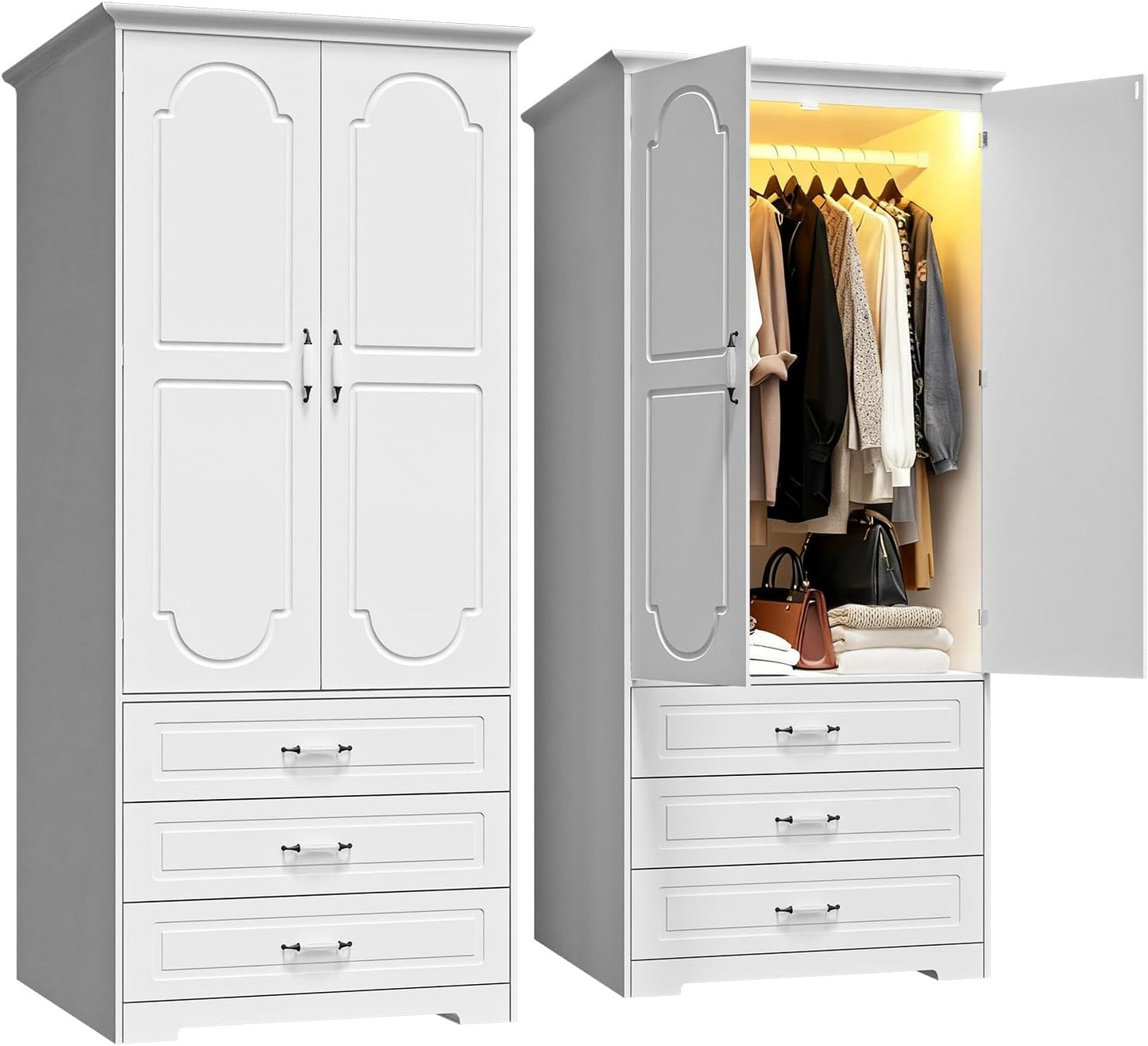Armoire Wardrobe Closet with 3 Drawers and LED Light 72" Wooden Bedroom Armoire with 2 Doors and Retro Ceramic Door Handles Modern Wardrobe Cabinet with Removable Hanging Rod White