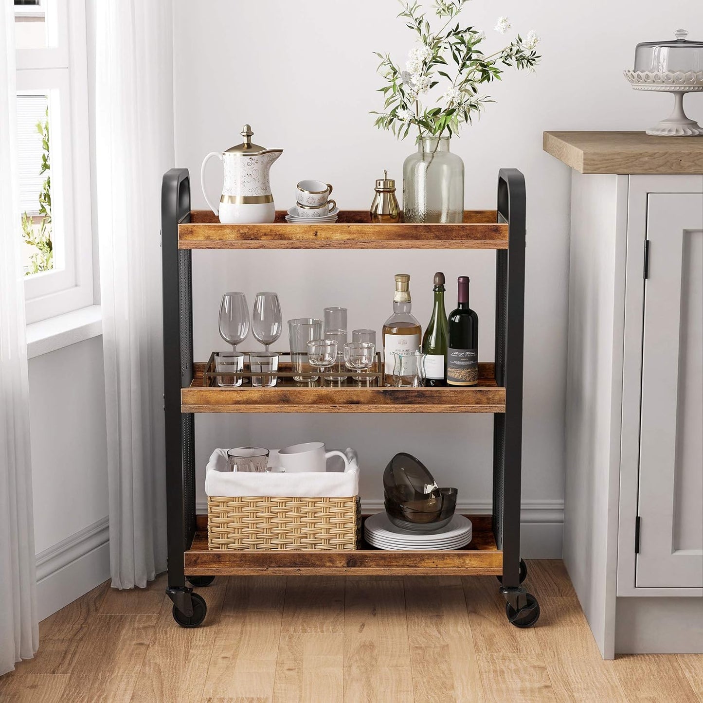 3-Tier Narrow Storage Cart, Rolling Cart with Wheels, Steel Frame, Slim Storage Cart for Kitchen, Dining Room, Laundry Room, Adjustable Feet Included, Industrial Style, Rustic Brown and Black