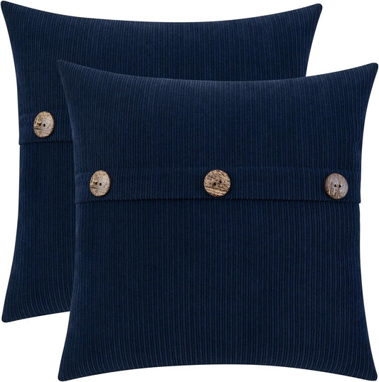 Navy Blue Chenille Throw Pillow Covers 18X18 Inch with Triple Buttons, Soft Farmhouse Accent Decorative Cushion Cases for Couch Sofa Bed Living Room Pack of 2