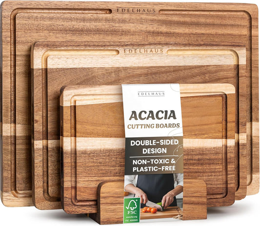 Acacia Wood Cutting Board for Kitchen, Non-Toxic Cutting Board Set of 3, Chopping Boards with Deep Juice Groove for Meat, Cheese & Vegetables - Durable & Double Sided with Serving Compartments