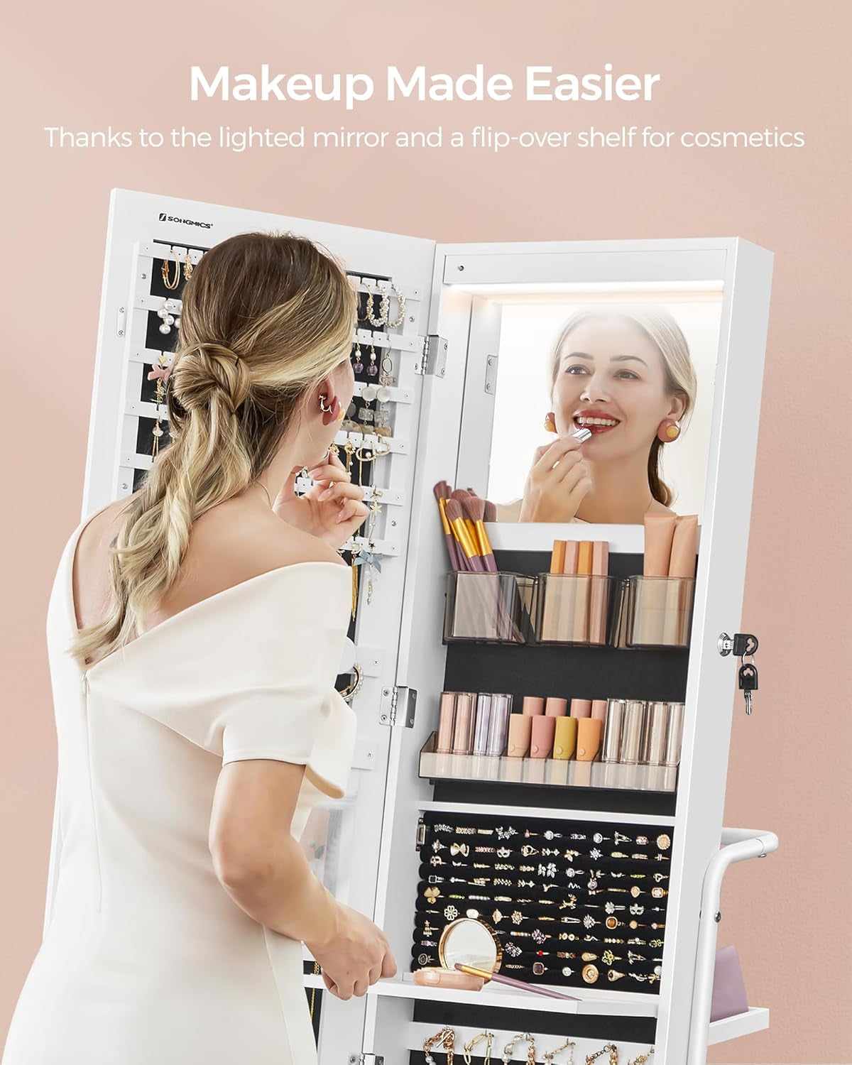 360° Swivel Mirrored Jewelry Cabinet with Lights, Full-Length Mirror with Jewelry Storage, Standing Jewelry Armoire Organizer, with Large Storage Basket, Makeup Shelf, Cloud White UJJC018W01