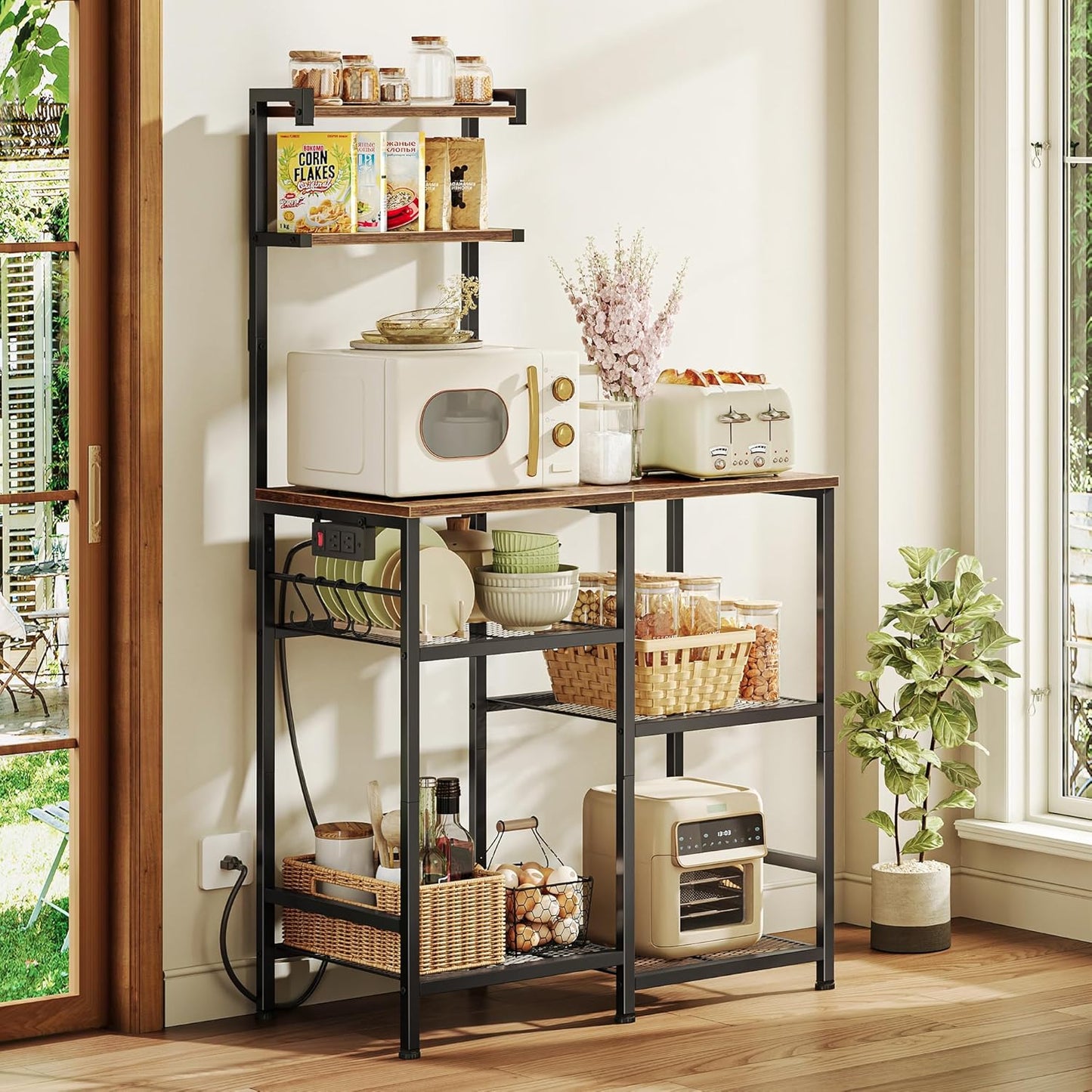 31.5 Inch Bakers Rack with Power Outlets, Kitchen Microwave Stand with Storage, Coffee Bar with 4 Hooks, 3-Level Height Open Shelves, Rustic Brown