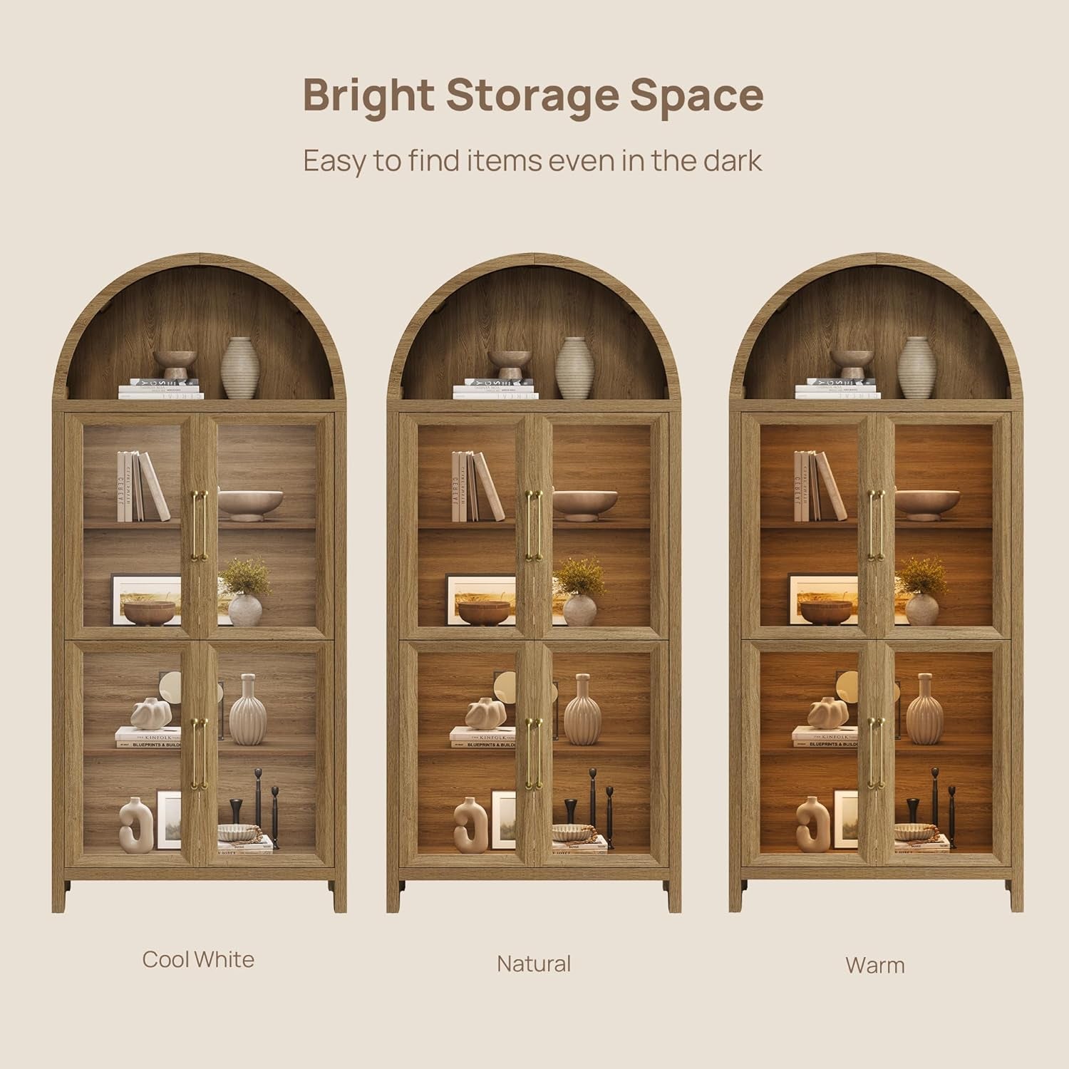 74" Display Cabinet with Glass Doors - Modern 5-Tier Arched Bookcase with Rechargeable 3-Color LED Lights & Motion Sensor, Large Pantry Cabinet for Kitchen, Living Room, Home Office, Brown Oak