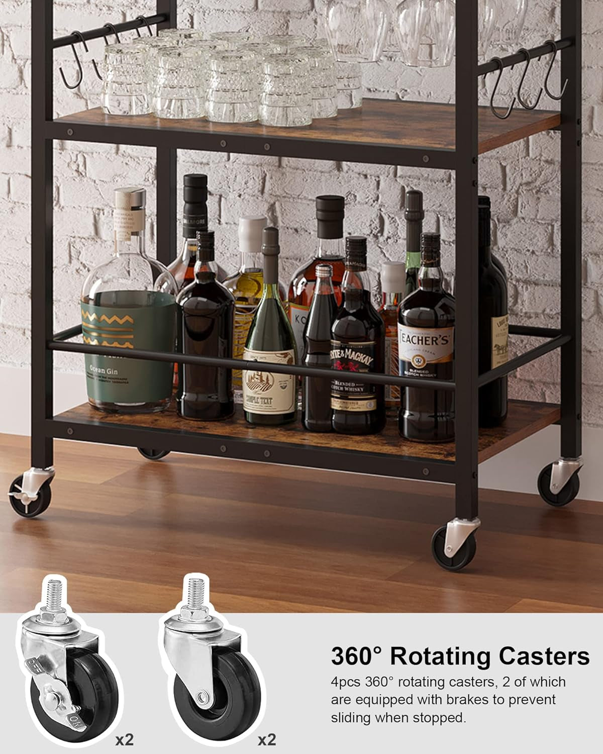 Bar Cart, Serving Cart for Home, Microwave Cart, Drink Cart, Mobile Kitchen Shelf with Wine Rack and Glass Holder, Rolling Beverage Cart BC01BB030