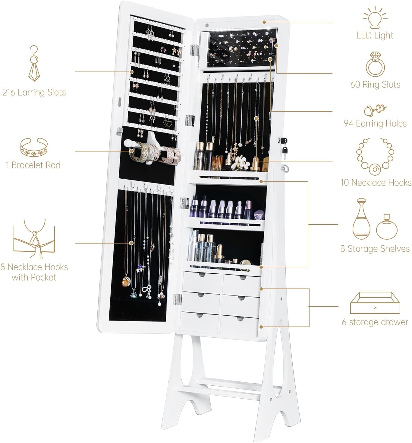 Mirror Jewelry Cabinet Standing, Full Length Mirror Jewelry Armoire Jewelry Organizer Lockable Jewelry Storage for Women Girl Full-Length Frameless LED Lights 6 Drawers Lockable White