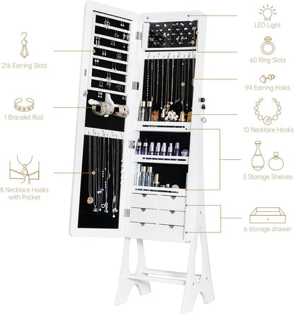 Mirror Jewelry Cabinet Standing, Full Length Mirror Jewelry Armoire Jewelry Organizer Lockable Jewelry Storage for Women Girl Full-Length Frameless LED Lights 6 Drawers Lockable White