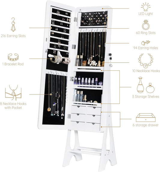 Mirror Jewelry Cabinet Standing, Full Length Mirror Jewelry Armoire Jewelry Organizer Lockable Jewelry Storage for Women Girl Full-Length Frameless LED Lights 6 Drawers Lockable White