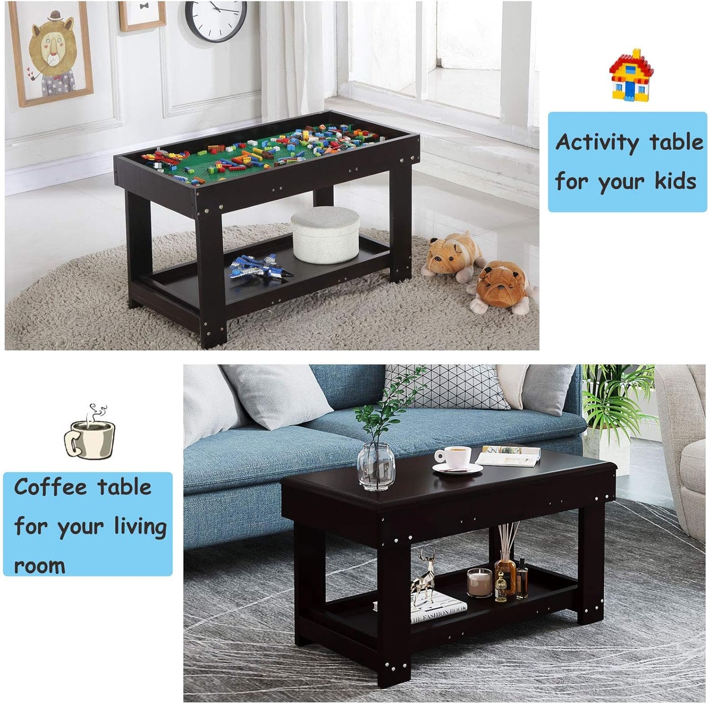Kids Activity Table with Board for Bricks Activity Play Table (Dark Brown)