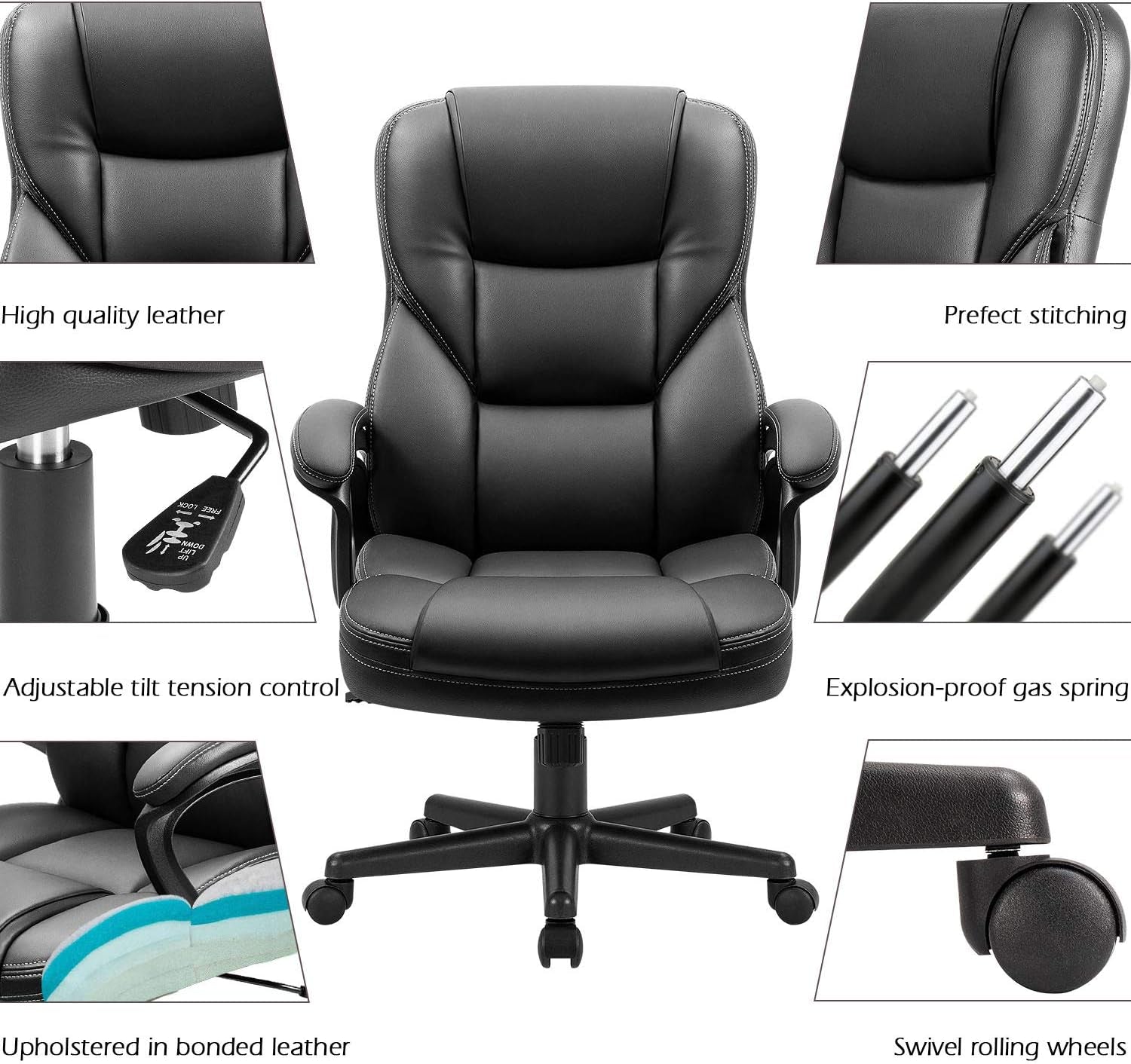 Office Executive Chair High Back Adjustable Managerial Home Desk Chair, Swivel Computer PU Leather Chair with Lumbar Support (1, Black)