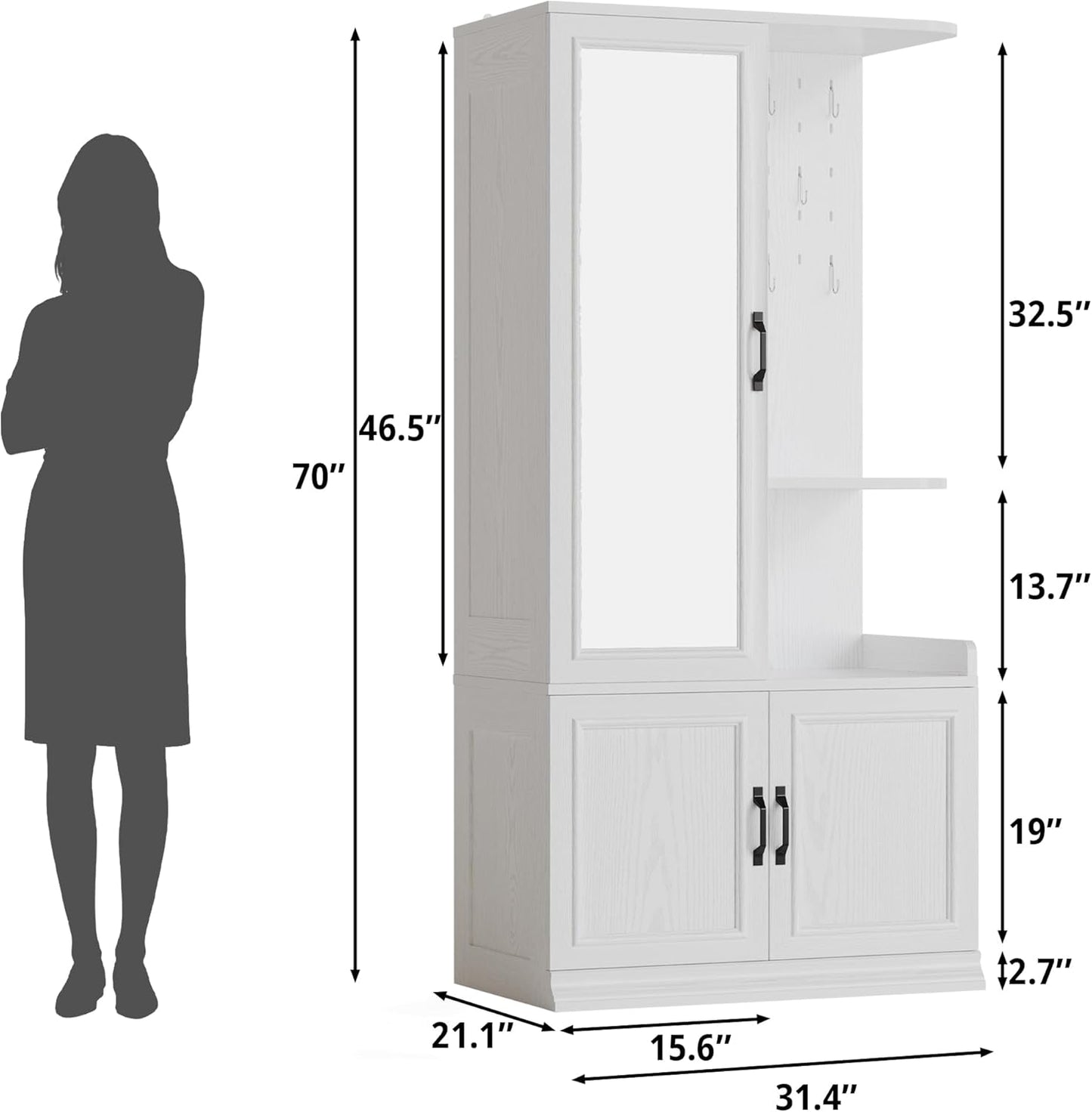 Armoire Wardrobe Closet, 70" H Wooden Bedroom Armoire with Mirror, 2 Cabinet, Pegboard and a Open Shelf, Large Freestanding Clothing Storage Cabinet with 3 Doors, White