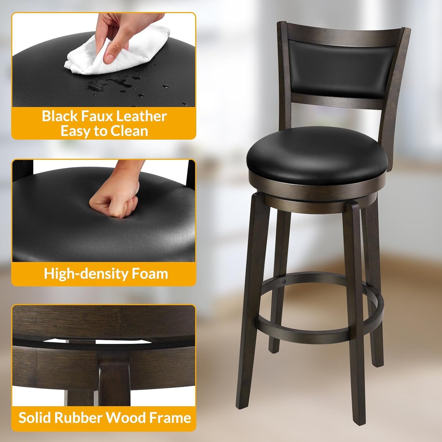 Swivel Bar Stools Set of 2, 30 Inch Bar Height Barstools, Black Faux Leather Bar Stool with High Backrest & Solid Wood Legs & Wrap-Around Footrest, Counter Stools for Kitchen Island, Pub