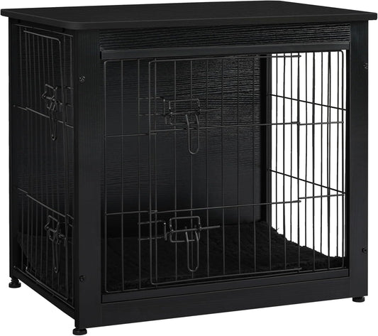 Dog Crate Furniture with Cushion, Wooden Kennel Table with Double Doors, Indoor Dog House, Small/Medium/Large Size, 27.2" L, Black