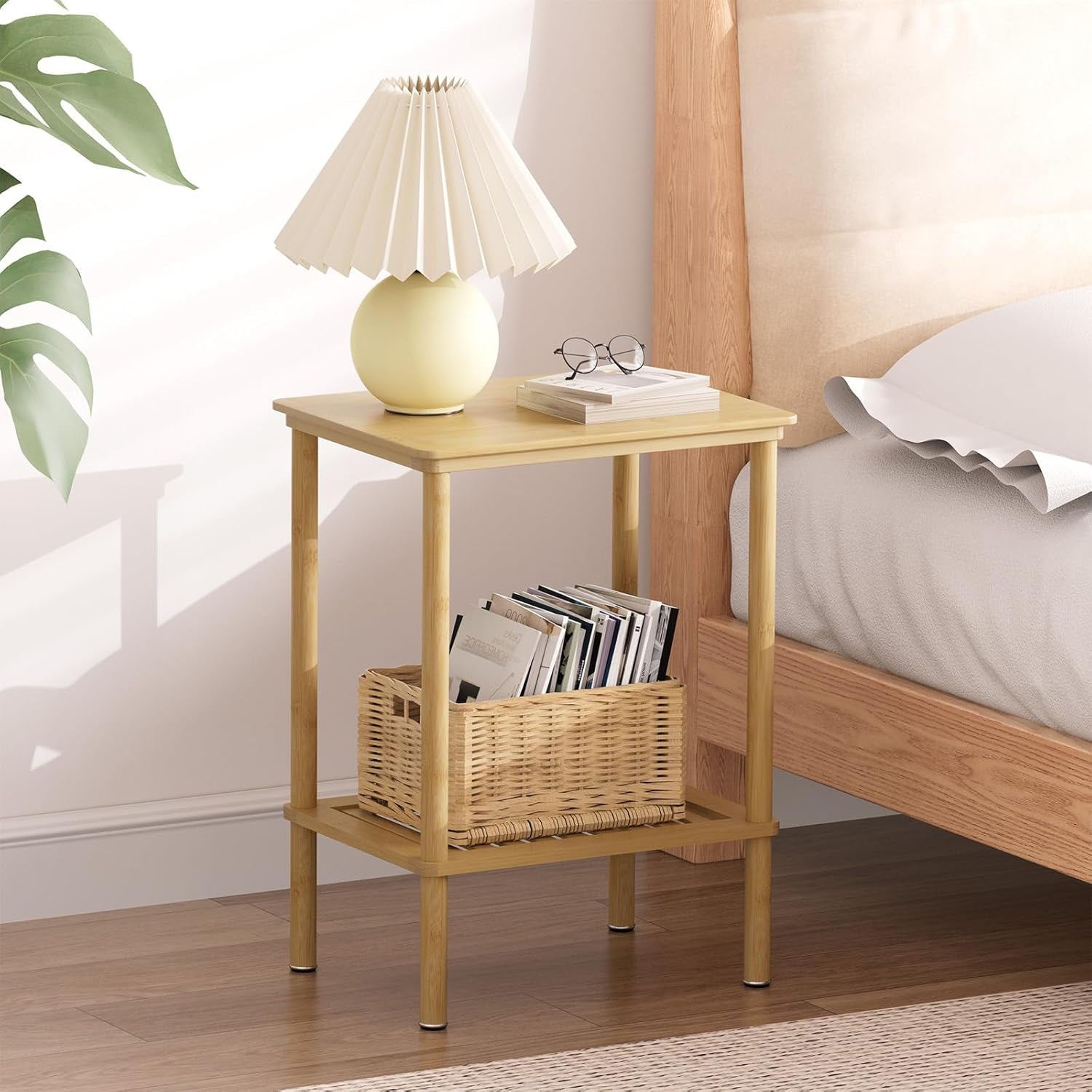 Bamboo Side Table, Small Bedside Table, 2 Tier End Table with Open Shelf, 21.5 Inch Tall Narrow Couch Table, Boho Natural Nightstand, Entryway Table, Accent Table, Home Decor for Living Room, Bathroom