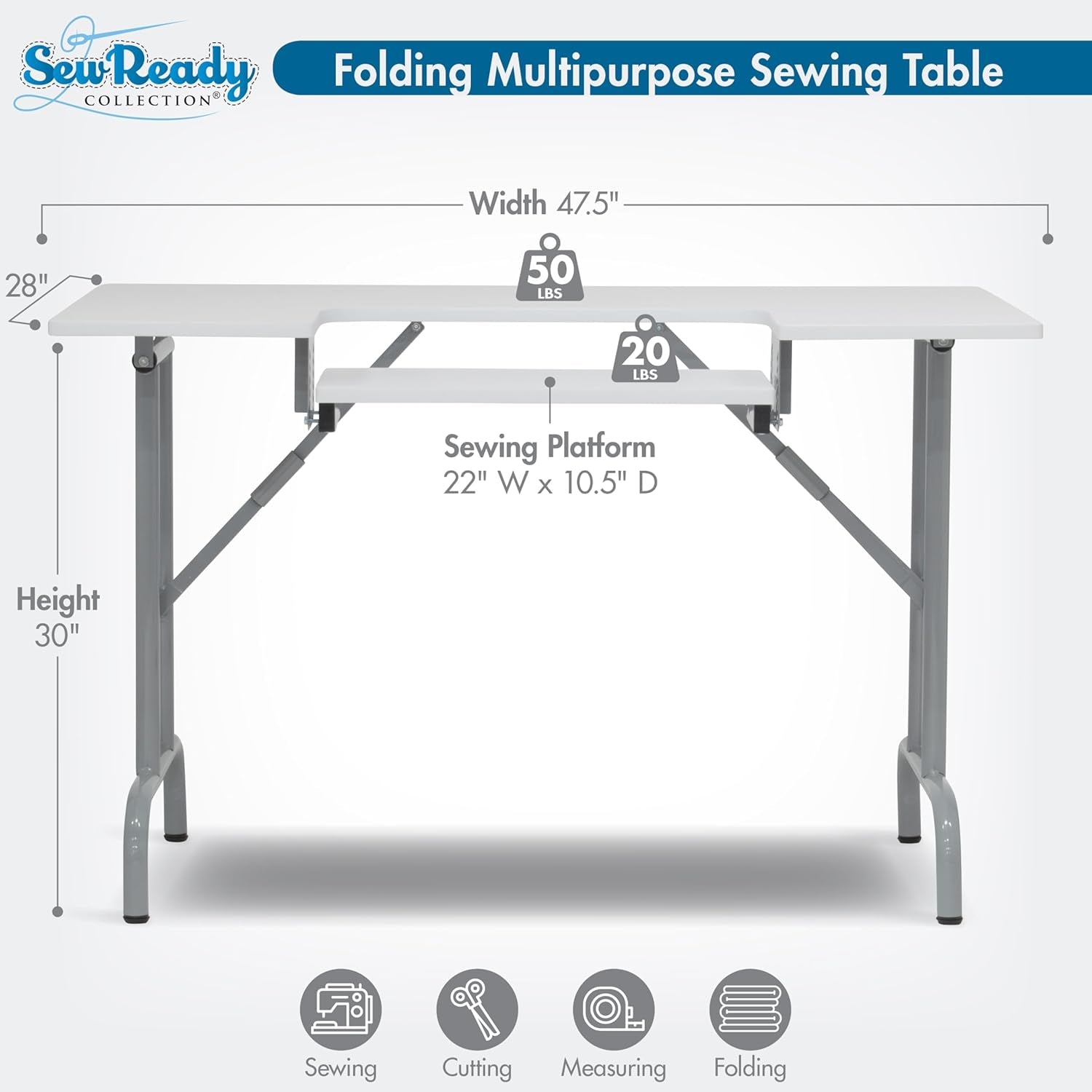 Folding Multipurpose Sewing Table - 47.5" W X 28" D Foldable White Hobby and Sewing Machine Table with Adjustable Shelf - Can Also Be Used as Computer Desk