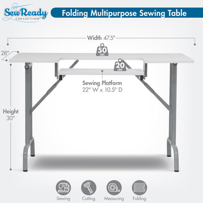 Folding Multipurpose Sewing Table - 47.5" W X 28" D Foldable White Hobby and Sewing Machine Table with Adjustable Shelf - Can Also Be Used as Computer Desk