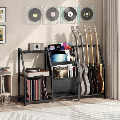 Guitar Stand, Record Player Stand with Storage, for 5 Acoustic Guitar, Bass, Electric Guitar, Ukulele, Banjo, Turntable, Vinyl Records and Amp Accessories, for Music Studios, Black