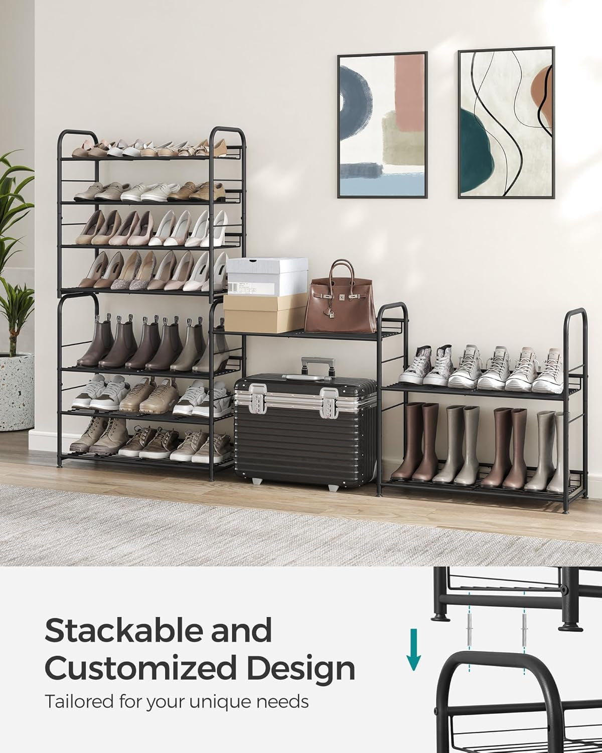 Stackable Shoe Rack, 4 Tier Metal Shoes Rack Storage Shelf, Holds up to 20 Pairs Shoes, Adjustable Slanted Shelves Shoe Tower Organizer for Closet Entryway Small Spaces, Black