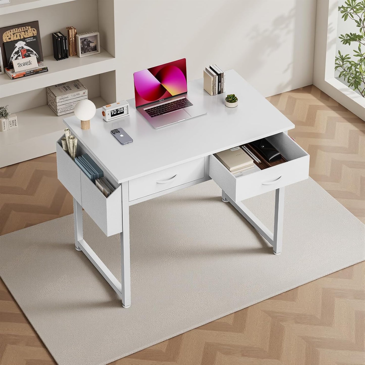 32" Home Office Computer Desk with Drawers, Small Gaming Writing Study Table with Storage Side Bag, Headphone Hook and Adjustable Feet for Bedroom White