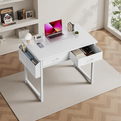 32" Home Office Computer Desk with Drawers, Small Gaming Writing Study Table with Storage Side Bag, Headphone Hook and Adjustable Feet for Bedroom White