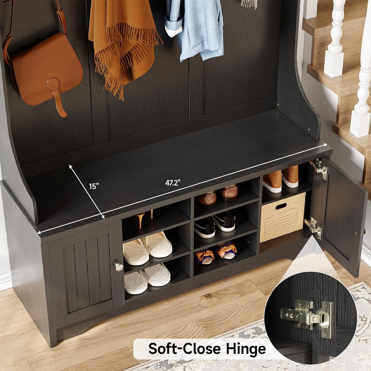 78.7" Hall Tree with Bench and Shoe Storage, Entryway Bench with Coat Rack, 10 Shoe Cubbies with Adjustable Shelves & 7 Coat Hooks for Hallway, Entryway, Black