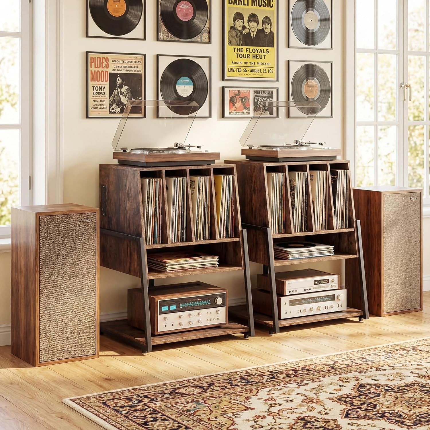Record Player Stand on Wheels, 3-Tier Turntable Stand with Charging Station, Compartment & Open Shelf, Holds up to 150 Vinyl Records, Modern Vinyl Record Storage for Small Spaces, Rustic Brown
