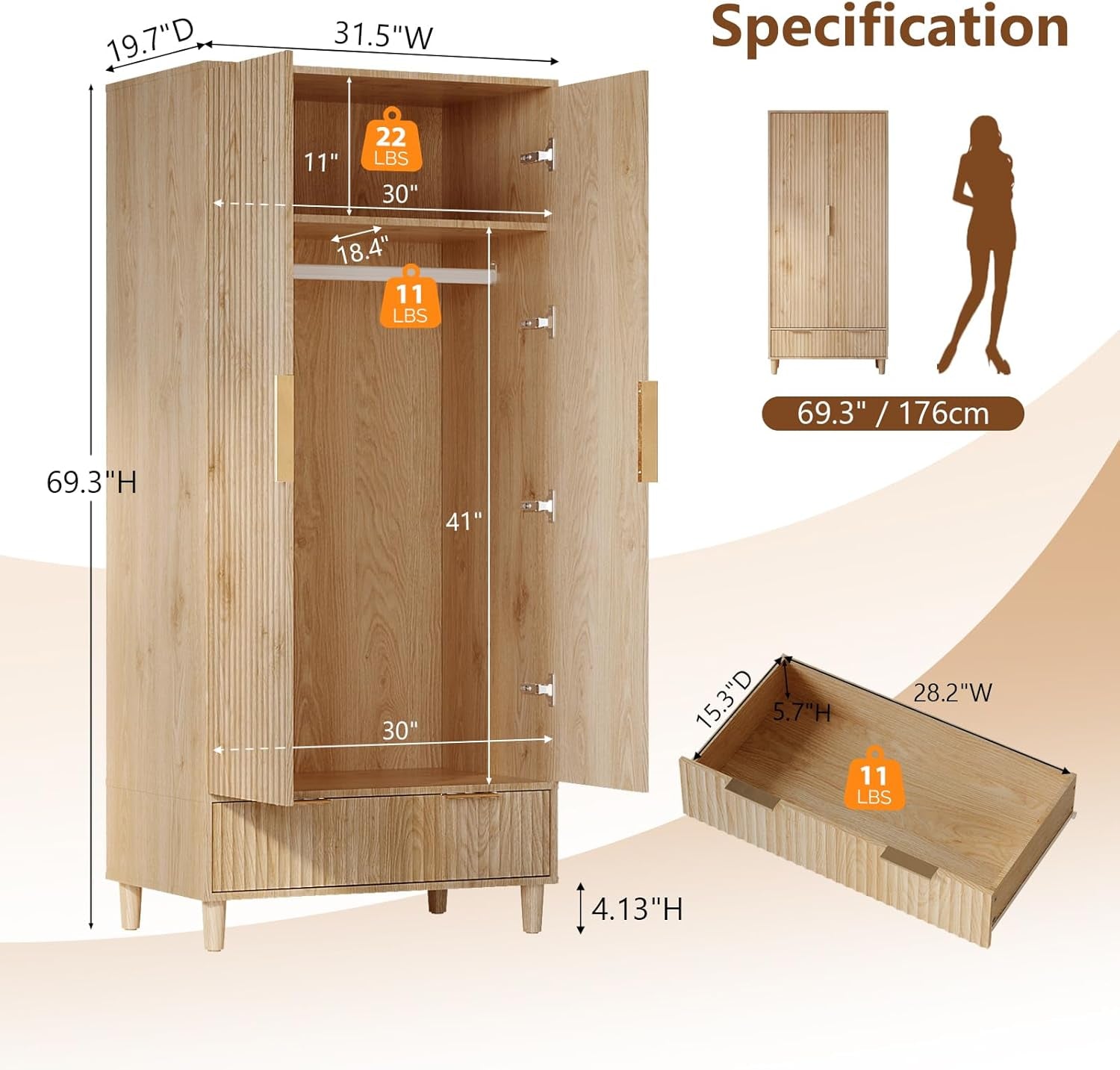 Fluted Wardrobe Closet Armoire with Doors and Drawers, Wardrobe Cabinet with Hanging Rack, Bedroom Closet Wood, Oak Free Standing Armoire with Shelf and Solid Wood Legs, 31.5"W*19.7"D*69.3"H