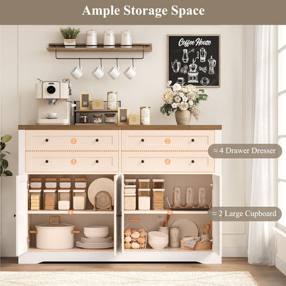 55" Coffee Bar with 4 Large Drawers, 40" Tall Buffet Cabinet with Storage, Kitchen Storage Cabinet, Modern Farmhouse Sideboard Buffet, Adjustable Shelves for Living Room, White