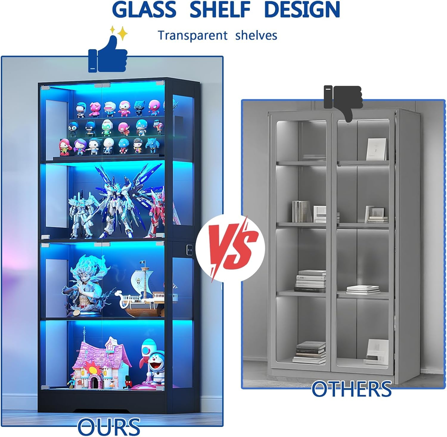 Tempered Glass Display Cabinet 5.5 FT with 3CCT Motion Sensor Light, 4-Tier Curio Case for Collectibles, Storage Woode Shelf with Glass Doors, Bookcase, Showcase, Black