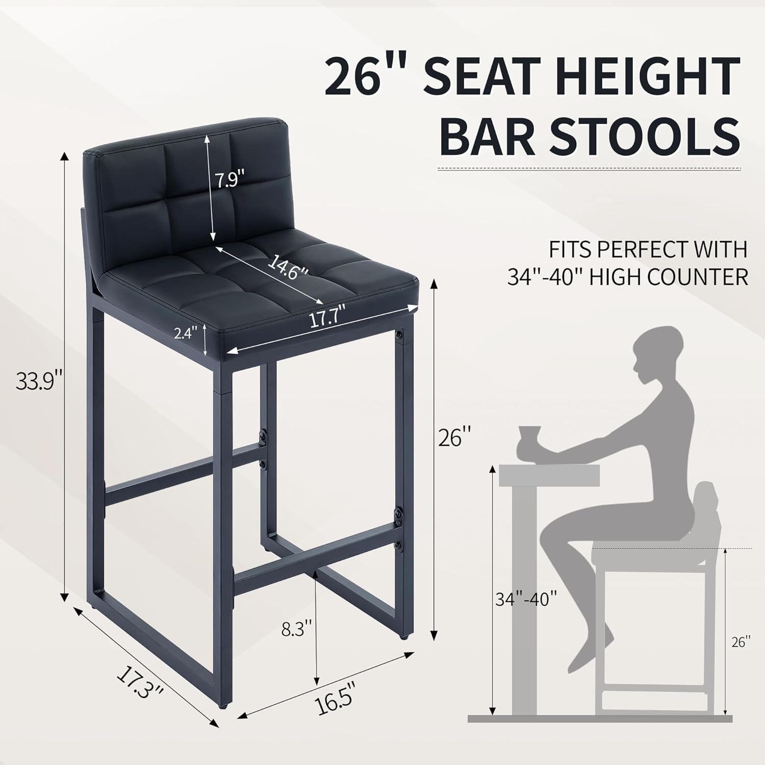 Bar Stools Set of 3, Upholstered Faux Leather Counter Height Barstools with Low Back and Thickened Metal Legs, Modern Bar Chairs for Kitchen Island, Bar, Counter (Black, 3Pcs 26" Bar Stools)