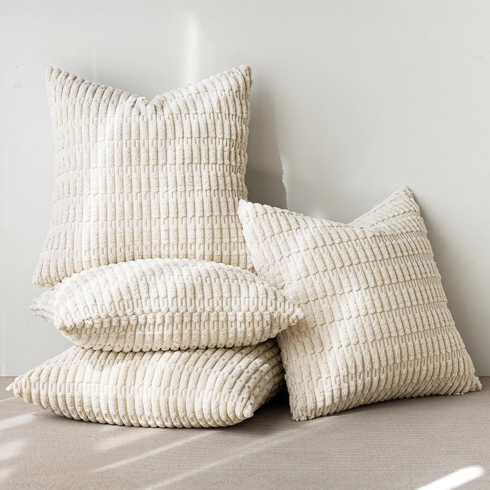 Pack of 4 Cream White Corduroy Christmas Decorative Throw Pillow Covers 18X18 Inch Soft Boho Striped Pillow Covers Modern Farmhouse Home Decor for Sofa Living Room Couch Bed