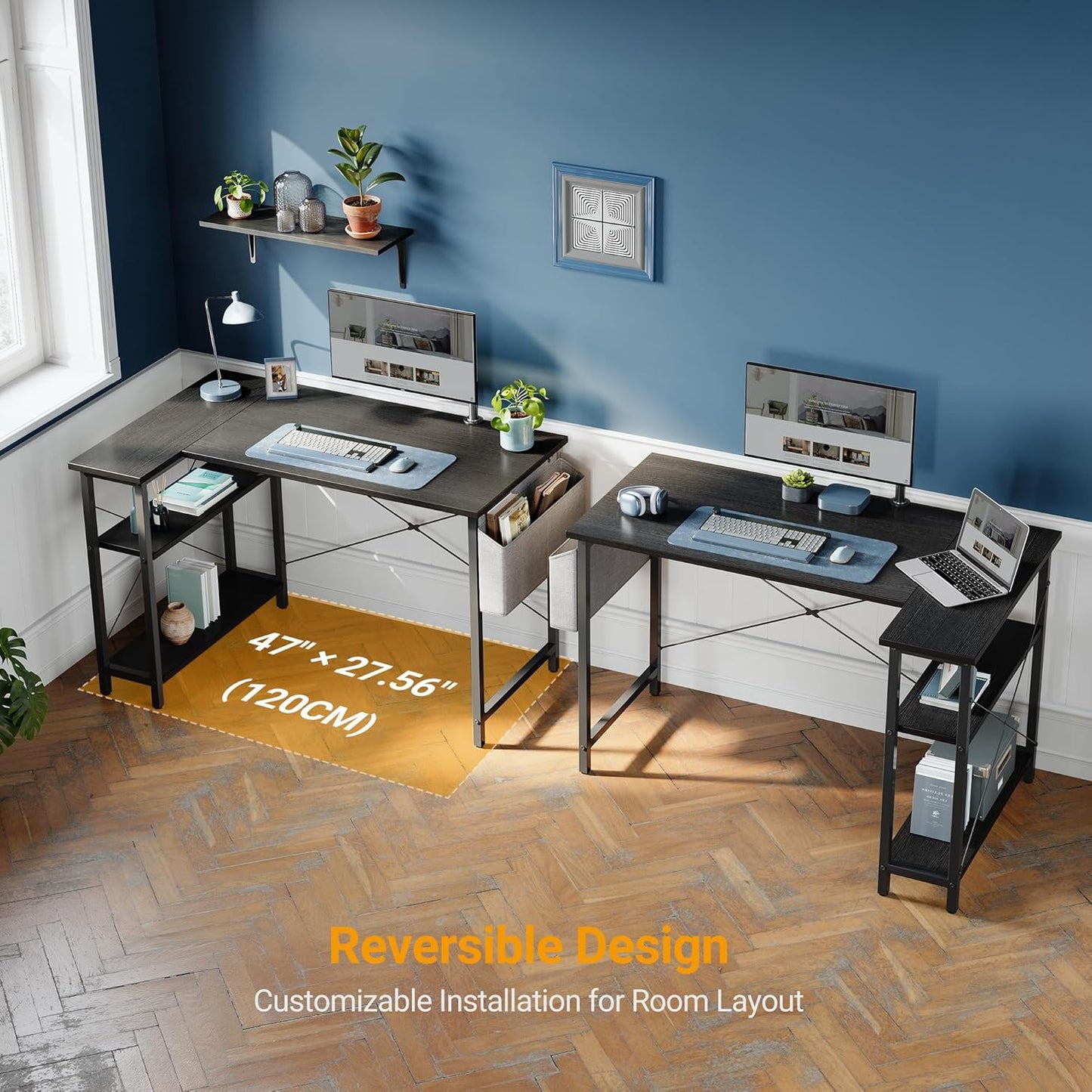 L Shaped Desk, 40" Computer Desk with Reversible Storage Shelves Home Office Corner Desk Study Writing Gaming Table, Brown