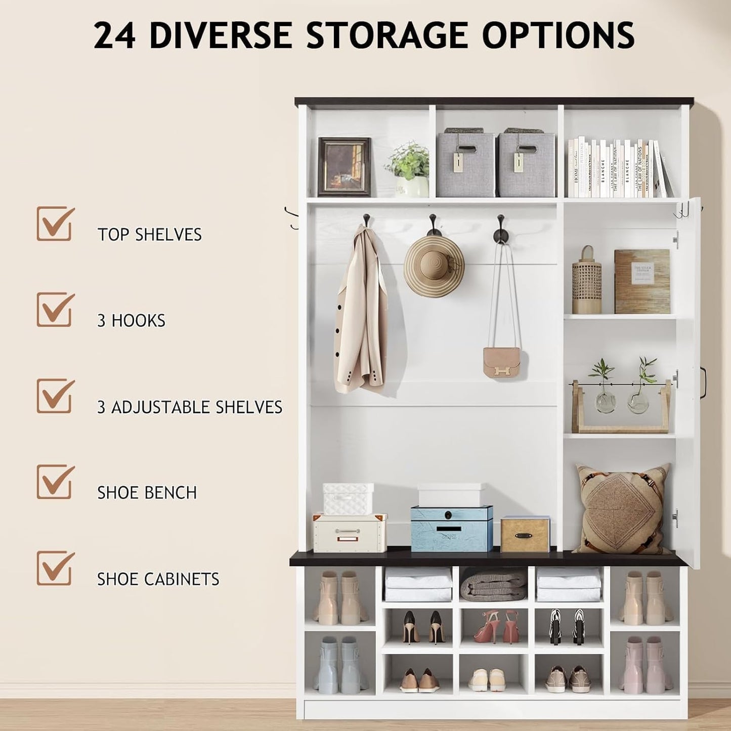 Farmhouse Mudroom Hall Tree with Shoe Storage, 79 Inch Hall Tree with Bench for Entryway, White Entryway Bench with Coat Rack and Barn Door, Adjustable Shoe Cubbies and 3-Tier Cabinet