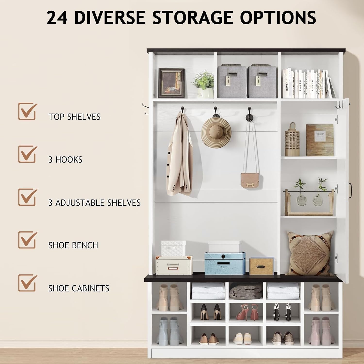 Farmhouse Mudroom Hall Tree with Shoe Storage, 79 Inch Hall Tree with Bench for Entryway, White Entryway Bench with Coat Rack and Barn Door, Adjustable Shoe Cubbies and 3-Tier Cabinet