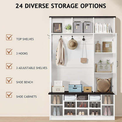 Farmhouse Mudroom Hall Tree with Shoe Storage, 79 Inch Hall Tree with Bench for Entryway, White Entryway Bench with Coat Rack and Barn Door, Adjustable Shoe Cubbies and 3-Tier Cabinet