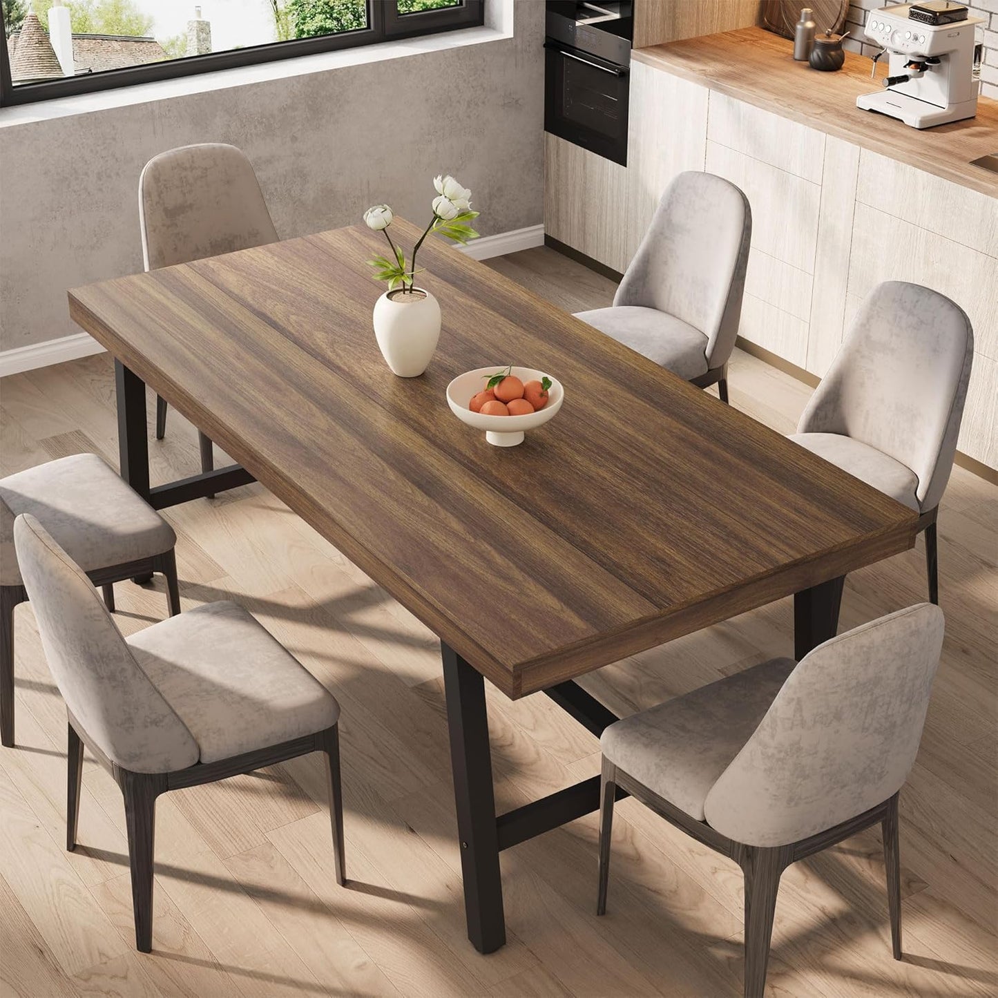 Industrial Dining Table for 6-8 People, 70.87" Long Large Kitchen Table with Sturdy Metal Frame, Rectangular Counter for Dinner, Kitchen, Dining Room (Brown, 71" Non-Extendable)