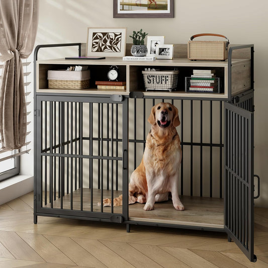 Large Furniture Dog Crate, Dog Kennel Indoor, Wood Dog Cage Table with Drawers Storage, Heavy Duty Dog Crate, Jaula Para Perros, Sturdy Metal, 40.5" L×23.6" W×35.4" H, Rustic Grey