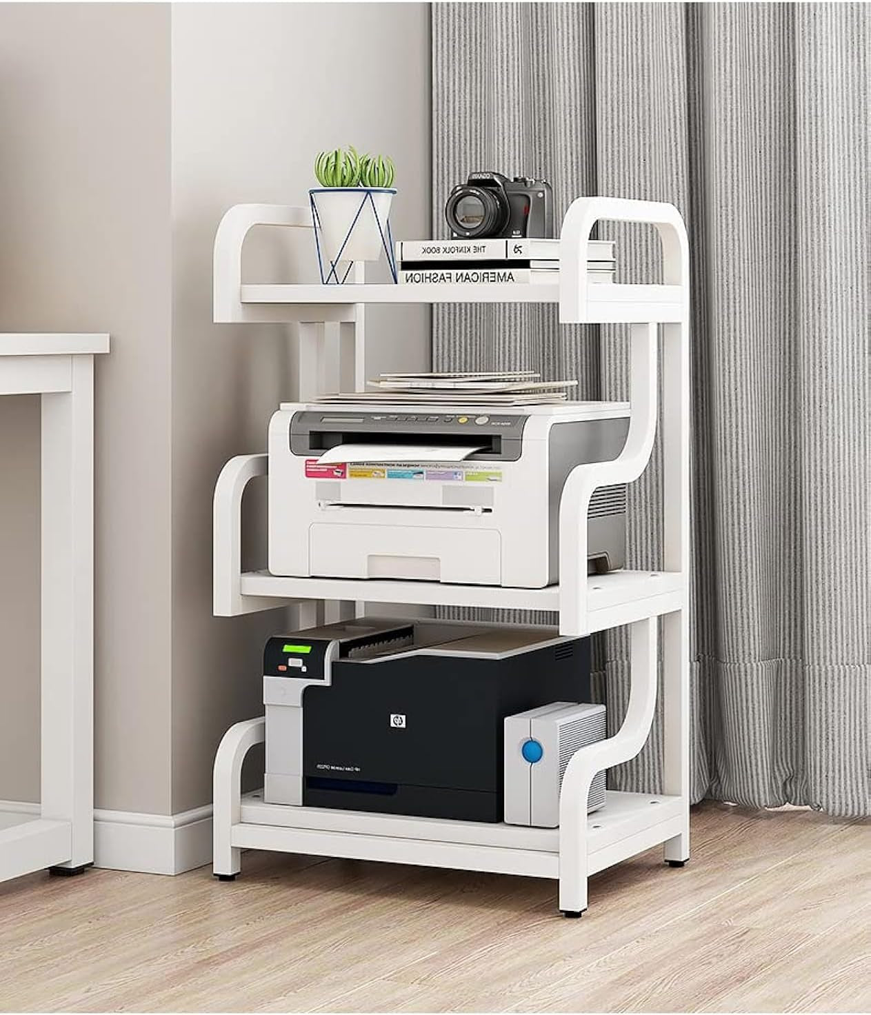 3-Tier Printer Stand with Wheels Movable Storage Cart Floor-Standing Multi-Purpose Shelf Rack for Media Player Scanner Files Books Microwave Oven in Kitchen Living Room Home Office (White)