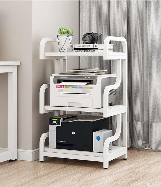 3-Tier Printer Stand with Wheels Movable Storage Cart Floor-Standing Multi-Purpose Shelf Rack for Media Player Scanner Files Books Microwave Oven in Kitchen Living Room Home Office (White)