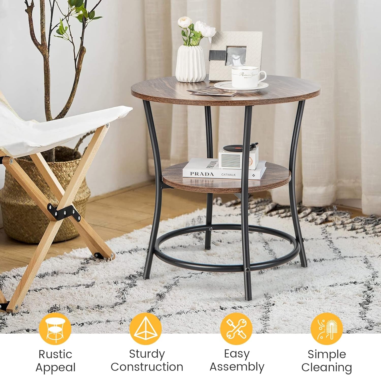 round End Table Set of 2, Industrial Side Table with 2 Storage Shelves & Sturdy Metal Frame, Versatile Bedside Table for Bedroom Living Room Small Space, Easy Assembly (2, Brown)